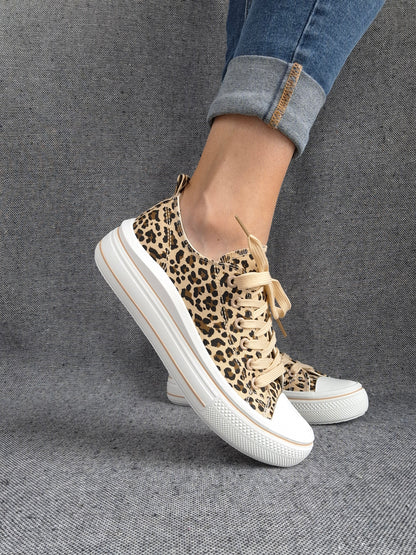 Chaussures baskets à imprimé léopard marron beige semelles compensées style converse