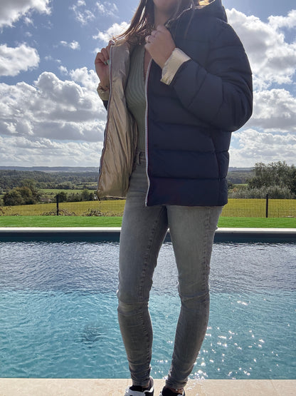 Doudoune manteau imperméable court réversible matelassé bleu marine doré