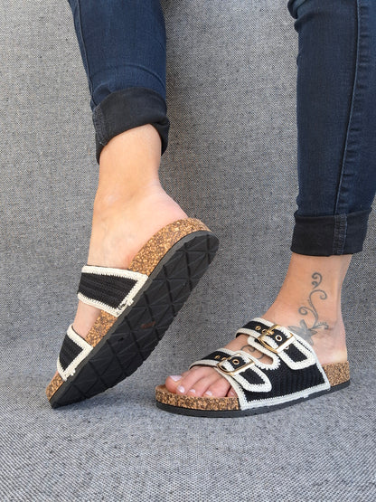 Chaussures sandales type birk 2 brides tissu bicolore noir et beige