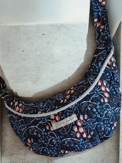 Sac banane en coton fin sans doublure fleuri rouge et bleu