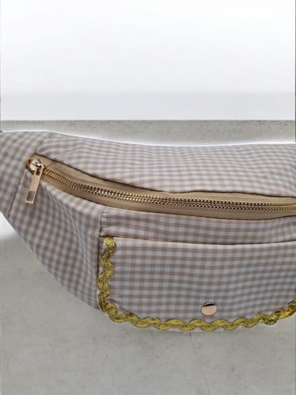 Sac banane en coton motif vichy beige et blanc 2 poches