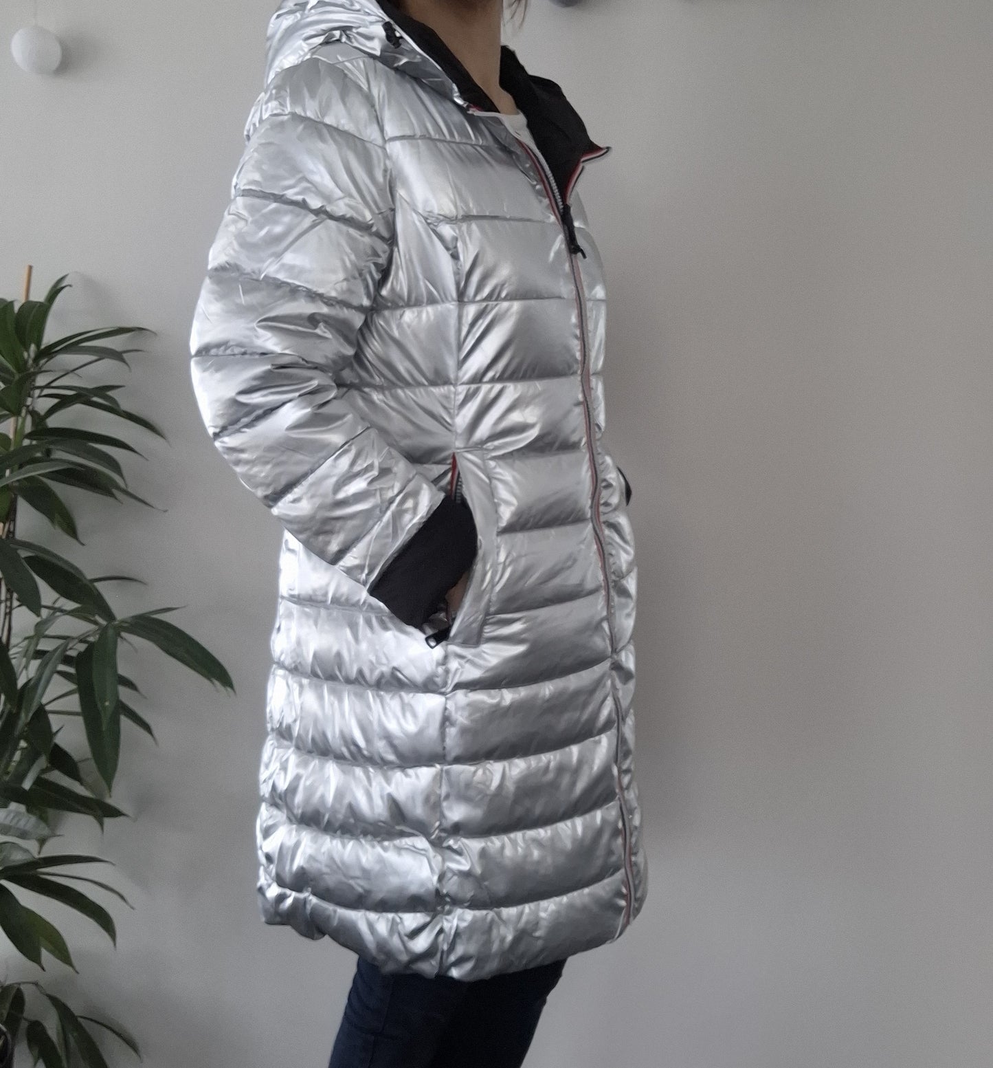 Doudoune manteau imperméable long noir réversible matelassé argenté