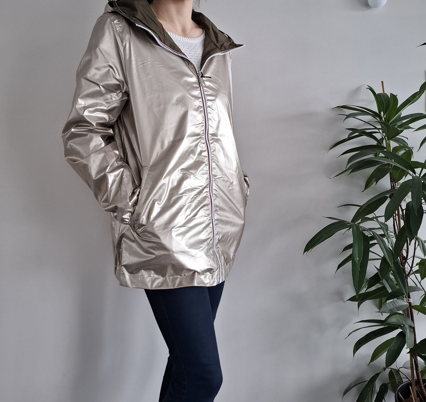 Manteau imperméable réversible mi-long léger Kaki/doré