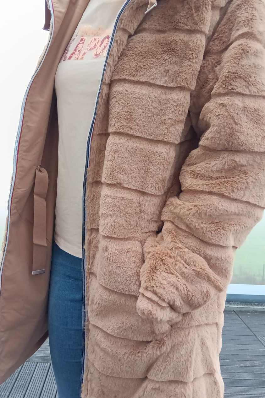 New Lolo - Manteau long CAMEL réversible, imperméable et complètement fourré resserrable à la taille