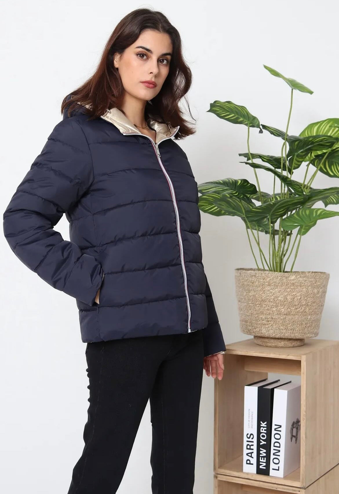 Nouveautés - Doudoune courte FEMME imperméable, matelassé bleu marine et réversible doré