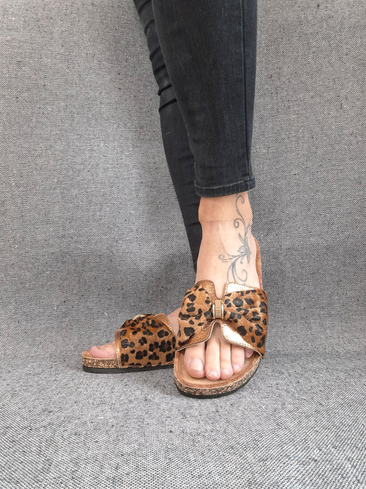 Chaussures sandales type Birk 1 bride cuivre tissu léopard marron noir