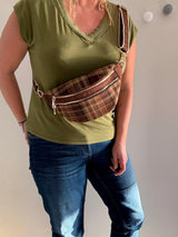 Sac banane en tissu motif écossais sangle fantaisie couleur Tons marrons