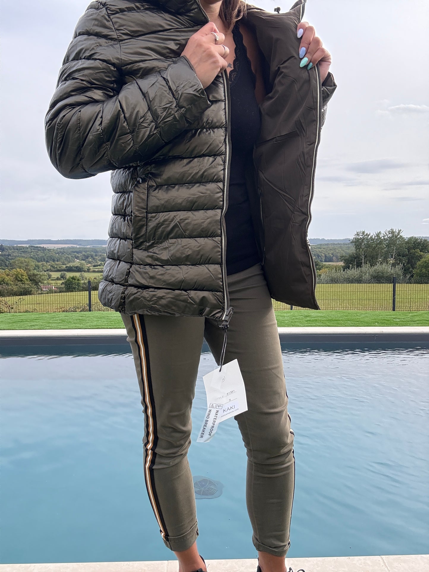 Melya Melody - Manteau court marron/kaki réversible et imperméable matelassé kaki brillant