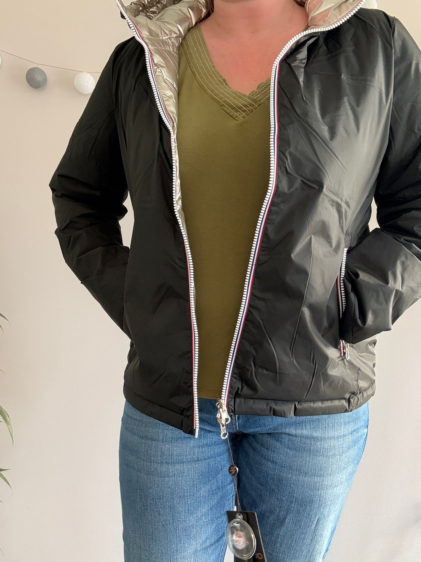 Laura Jo - Manteau doudoune courte matelassé réversible imperméable noir doré avec capuche