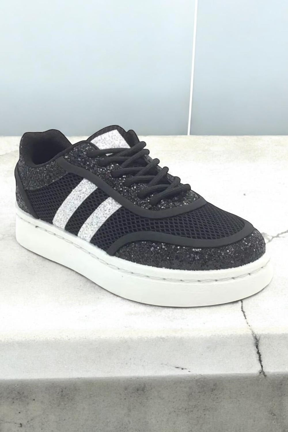 Baskets femme style campus effet pailleté avec deux bandes blanches couleur Noir