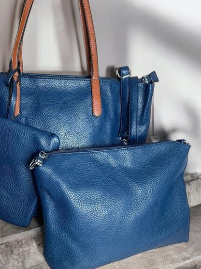 Sac à main 3 pieces simili cuir bleu marine avec porte monnaie et trousse et anses camel