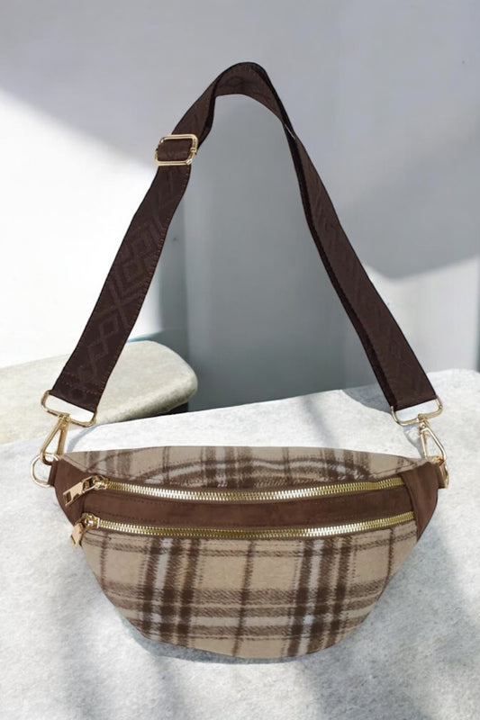 Sac banane en tissu motif écossais tons beige sangle fantaisie