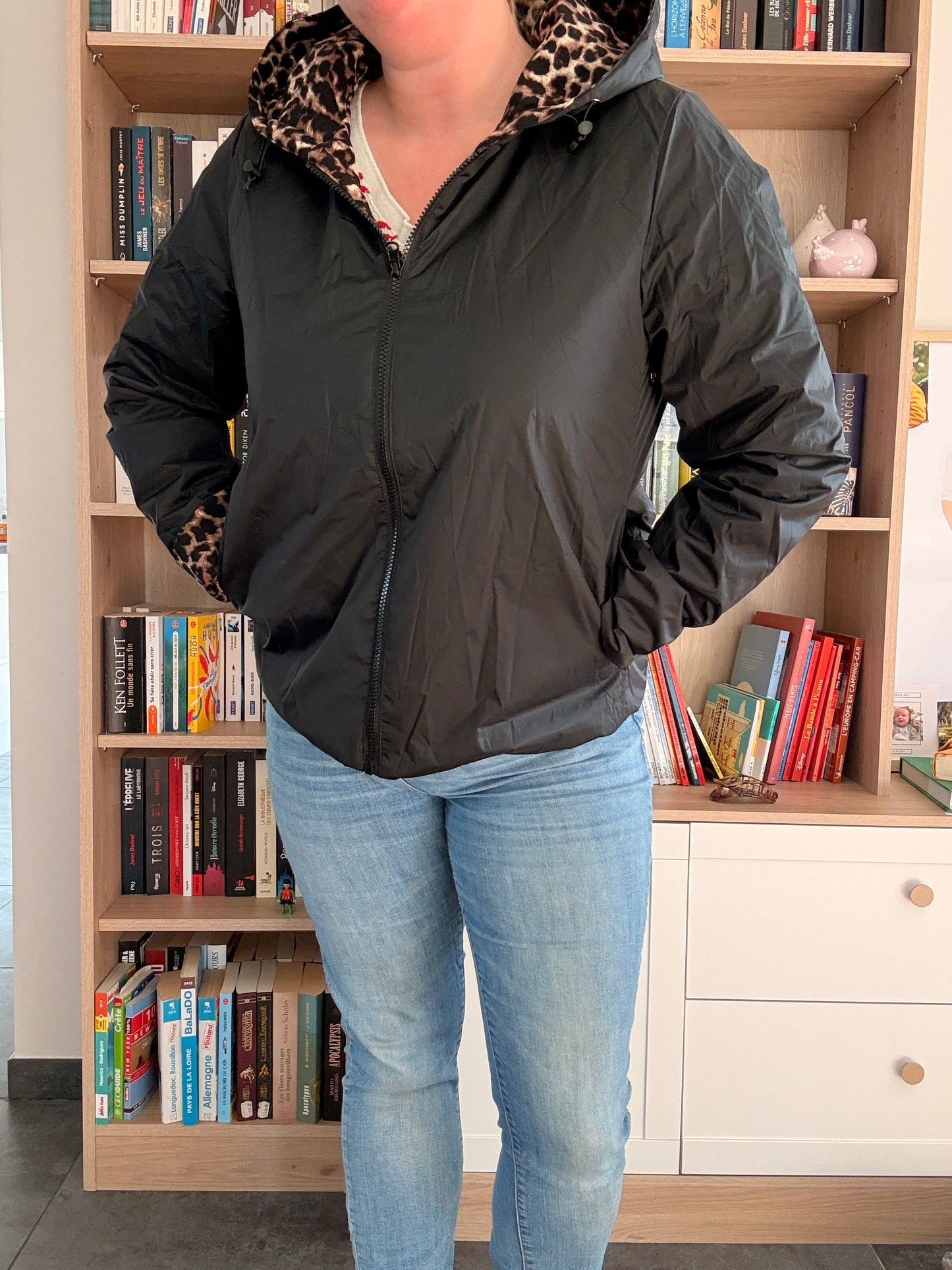 Laura Jo - Imperméable noir réversible léopard court mi-saison garnissage ouate