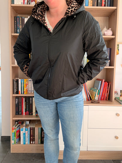 Laura Jo - Imperméable noir réversible léopard court mi-saison garnissage ouate