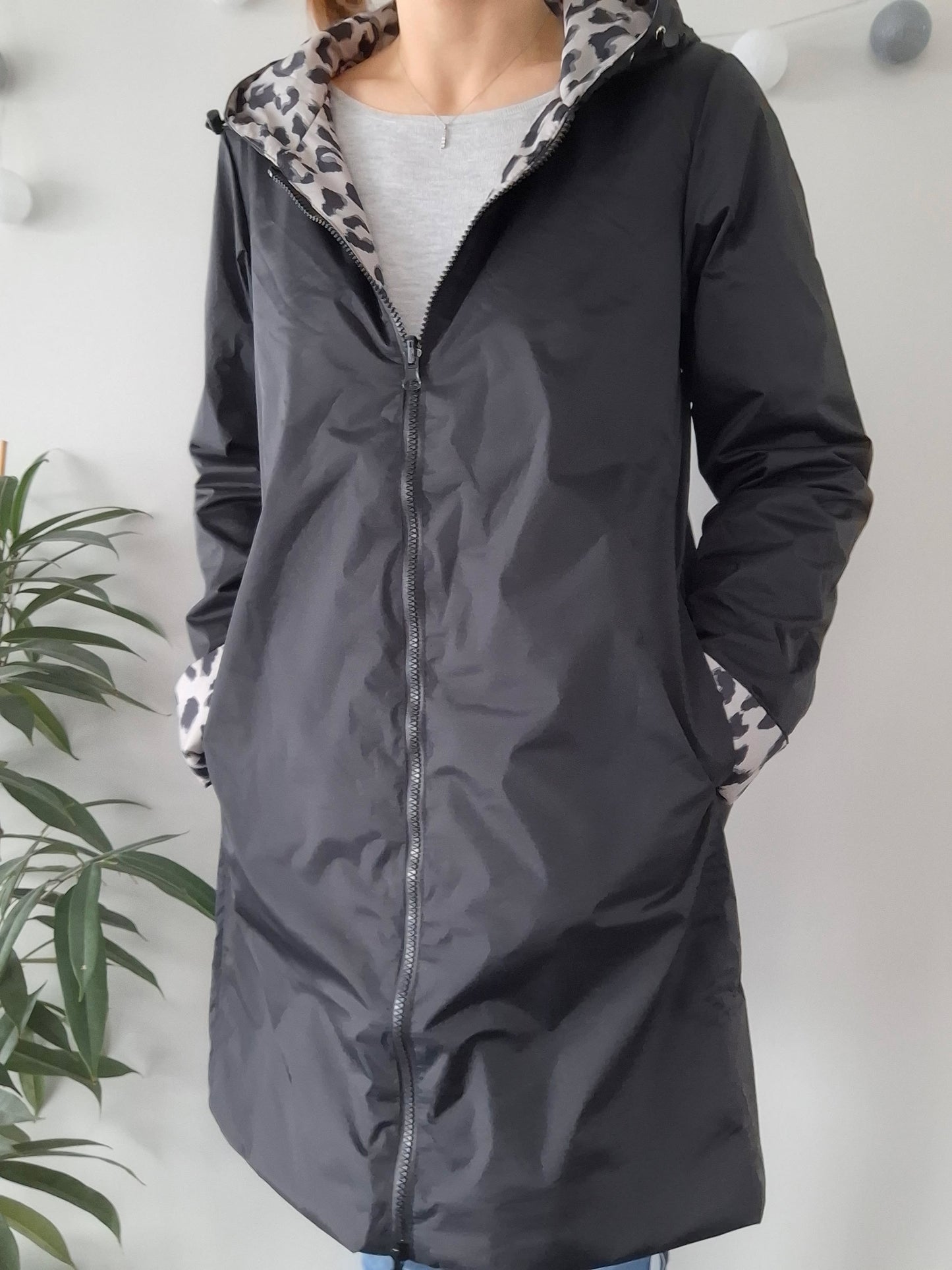 Laura Jo - Imperméable noir réversible léopard long mi-saison garnissage ouate