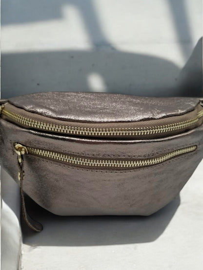 Sac banane en cuir irisé bronze 2 poches