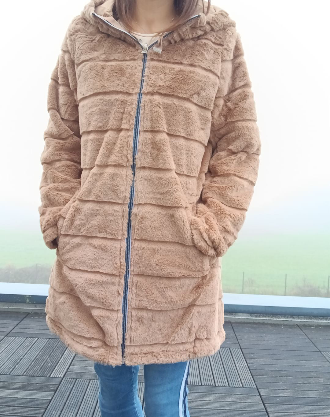 New Lolo - Manteau long CAMEL réversible, imperméable et complètement fourré resserrable à la taille