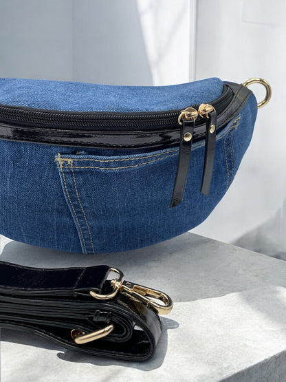 Sac banane tissu jean foncé et noir