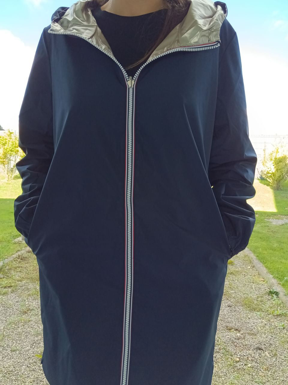 Manteau long réversible imperméable Melya Melody bleu marine/doré