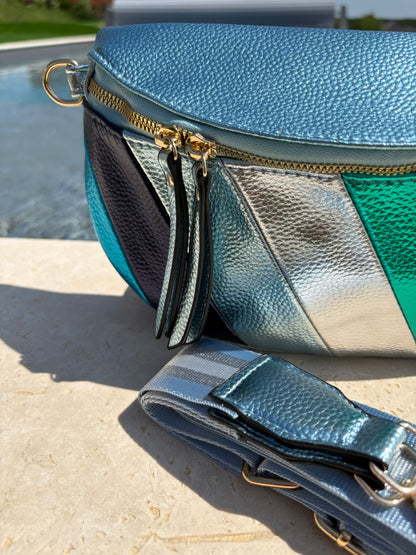 Sac banane simili cuir argenté bleu turquoise