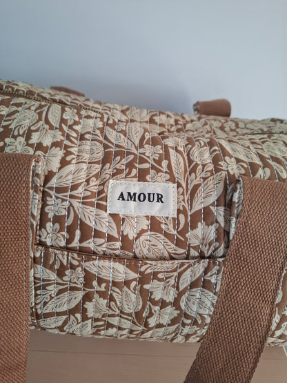 Sac polochon en coton matelassé liberty floral toile de jouy camel et blanc