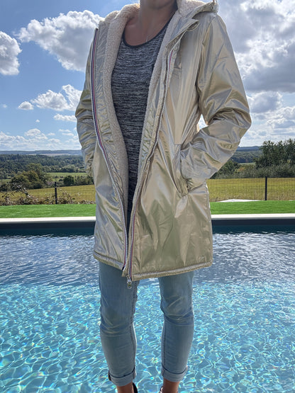 Laura Jo - Imperméable fourré long fausse fourrure doré intérieur sherpa beige
