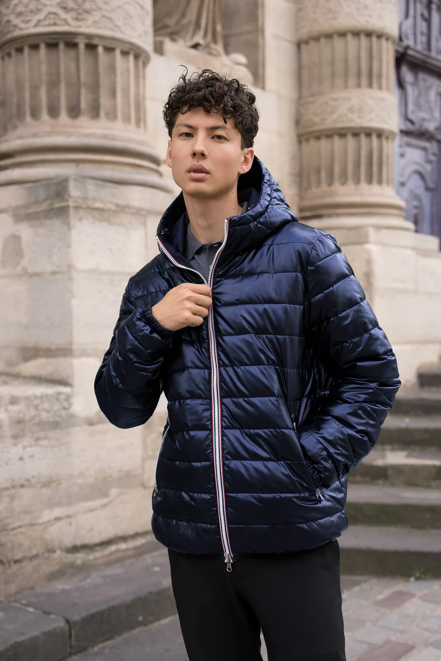 Nouveautés - Laura Jo - Doudoune HOMME courte imperméable et réversible matelassé bleu marine