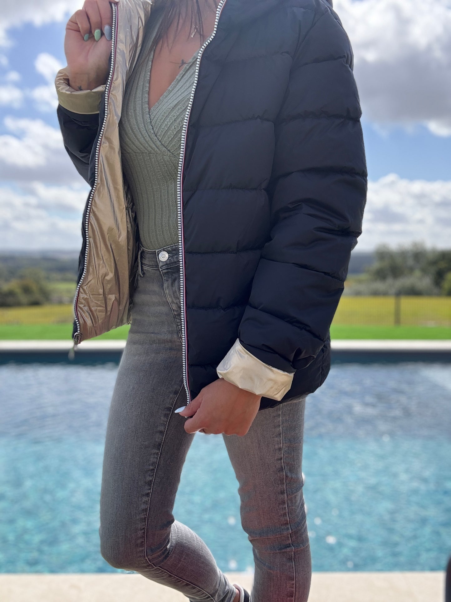 Doudoune manteau imperméable court réversible matelassé noir doré