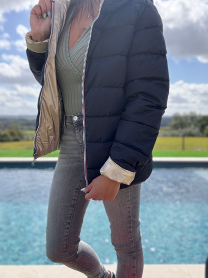 Doudoune manteau imperméable court réversible matelassé noir doré