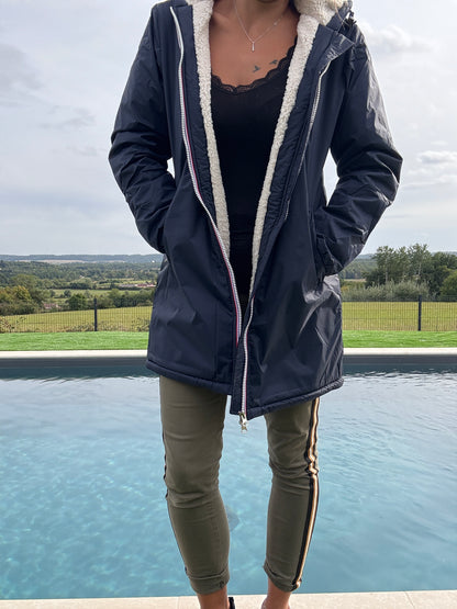 Laura Jo - Imperméable fourré long fausse fourrure bleu marine intérieur sherpa beige