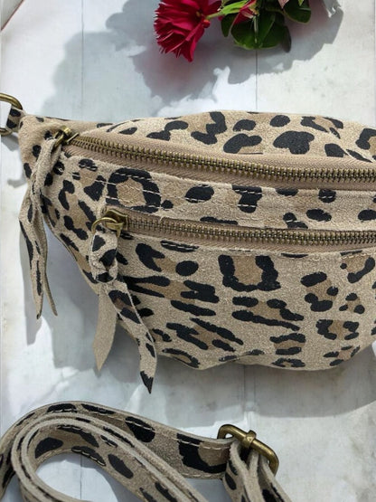 Sac banane cuir velours leopard 2 poches