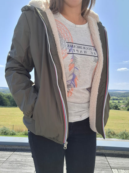 Laura Jo - Imperméable fourré court fausse fourrure kaki intérieur imitation sherpa beige