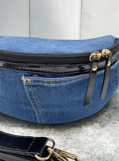 Sac banane tissu jean foncé et noir