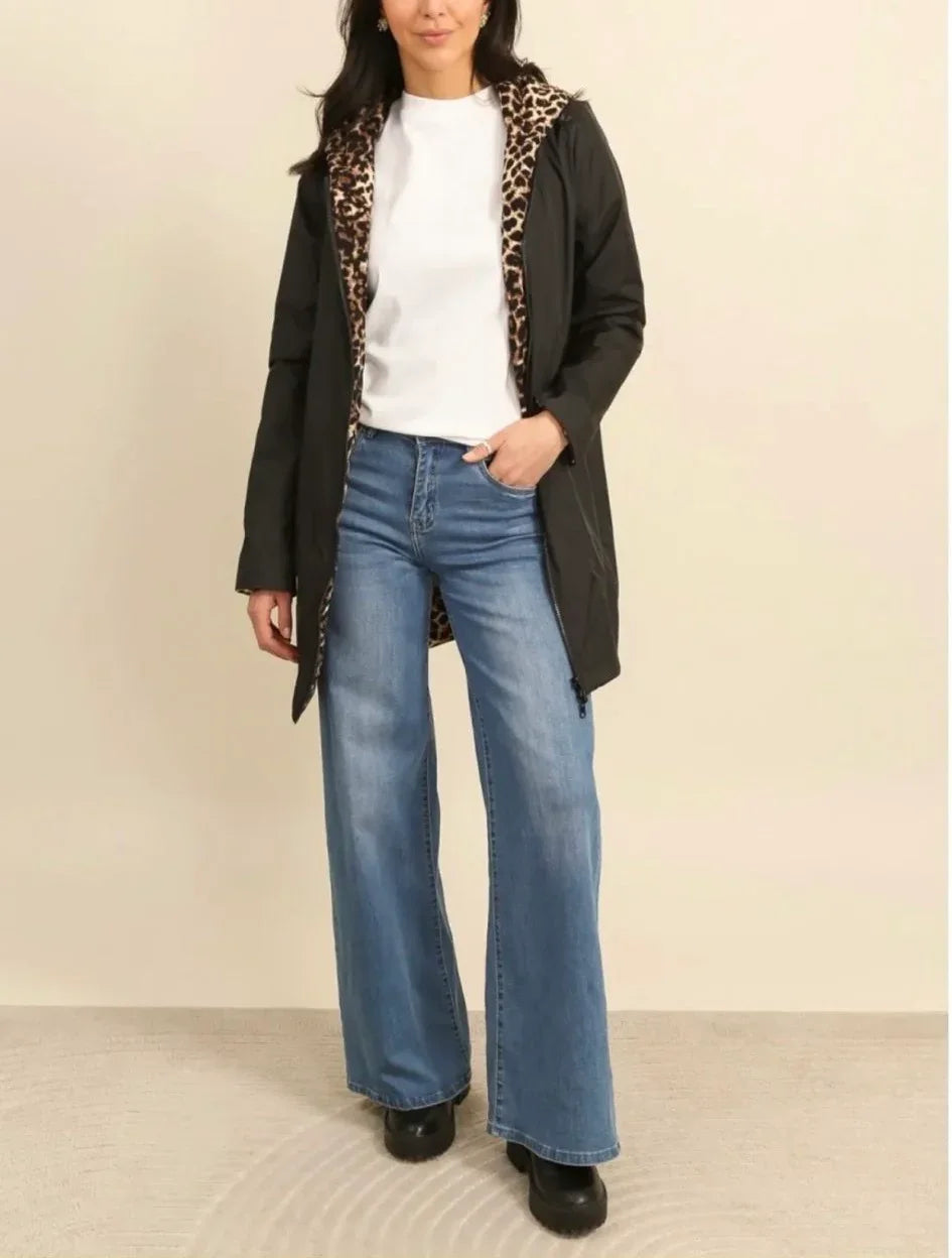 Parka Impermeable Reversible Larga de Mujer Laura Jo - Negra y Leopardo con Capucha
