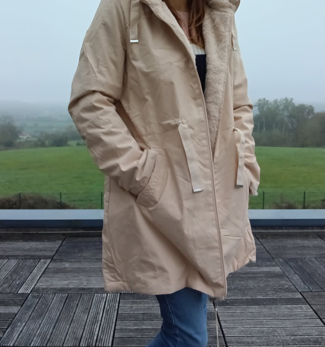 New Lolo - Manteau long BEIGE zip uni réversible, imperméable et complètement fourré resserrable à la taille