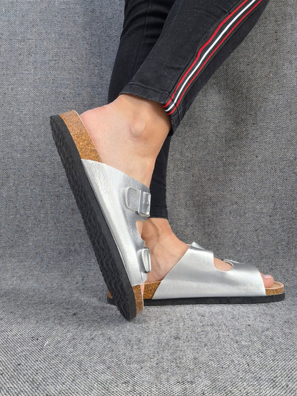 Chaussures sandales intérieur cuir argentée style Birk