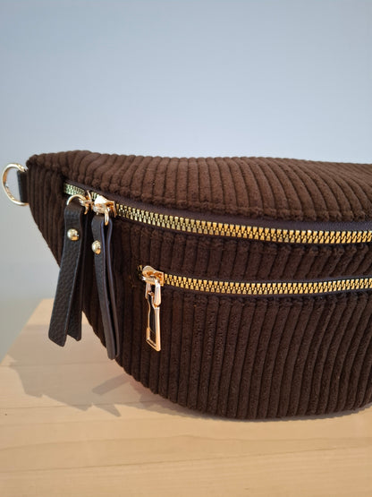 Sac banane velours côtelé 2 poches marron chocolat foncé sangle fantaisie