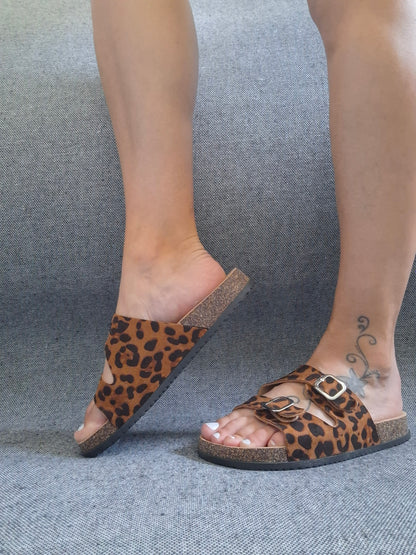 Chaussures sandales 2 brides motif léopard marron noir avec boucles style Birk