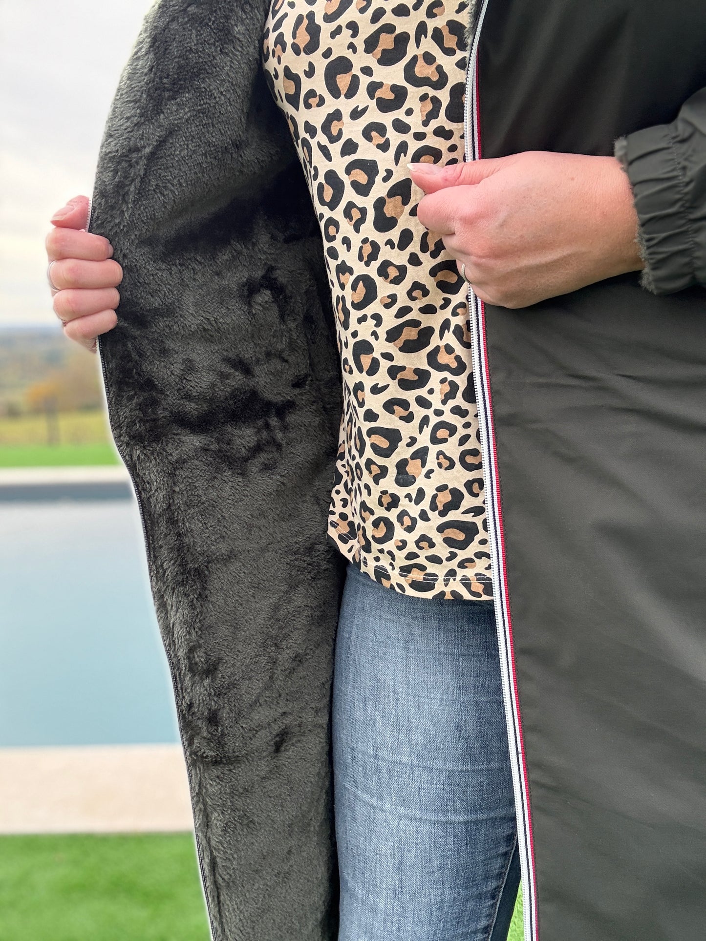 New Lolo - Manteau chaud long hauteur genoux kaki fourré complet réversible imperméable