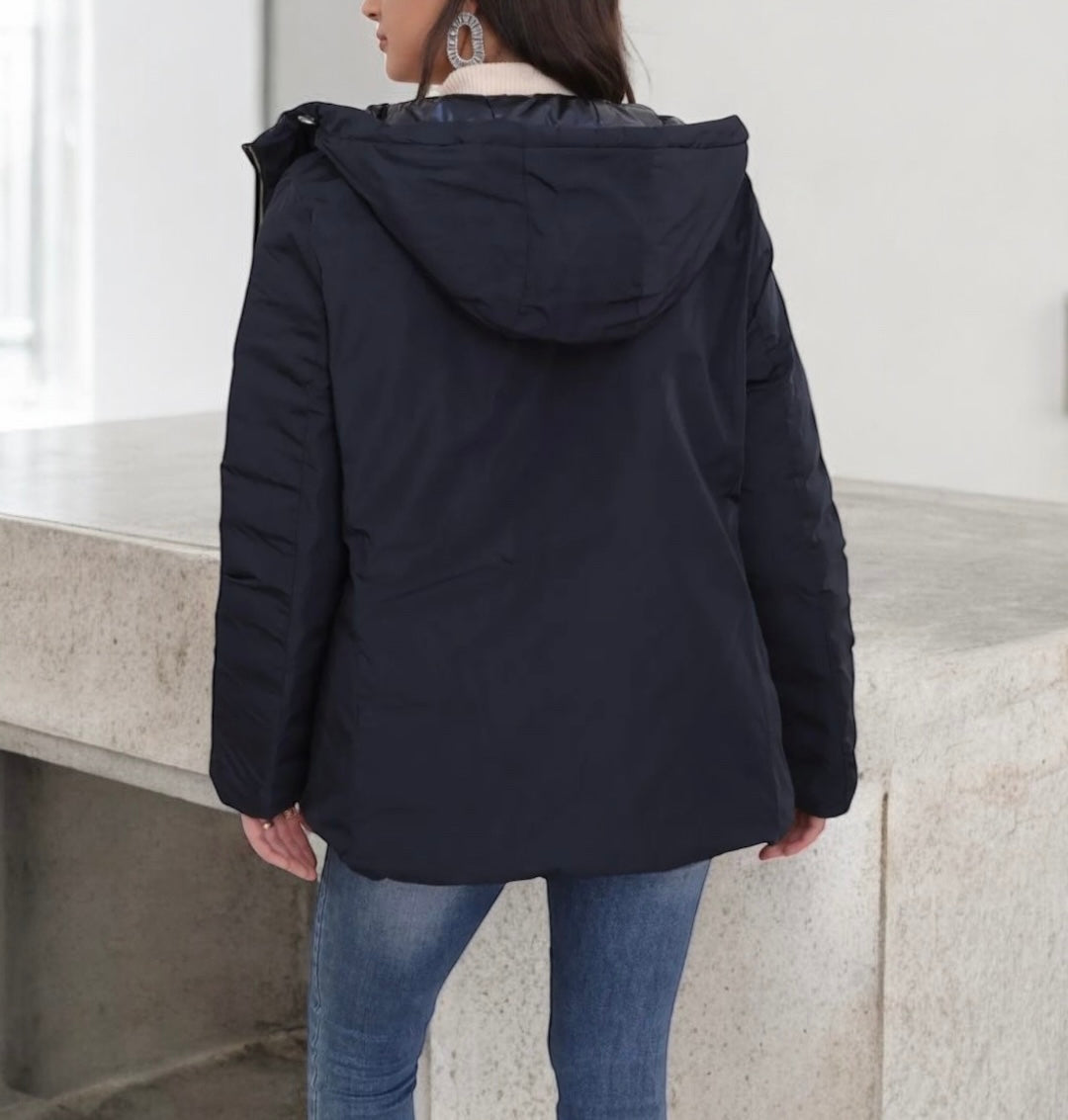 Melya Melody - Manteau court bleu marine réversible et imperméable matelassé bleu marine brillant