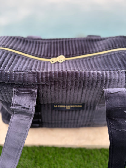 Sac week-end de voyage polochon velours matelassé bleu marine
