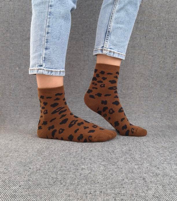 Nouveautés - Chaussettes marron en coton à motif léopard noir