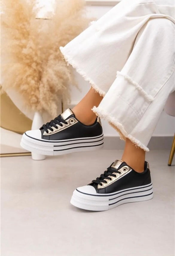 Chaussures baskets basses semelle compensée simili noir style converse