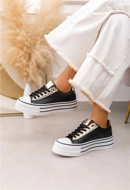 Chaussures baskets basses semelle compensée simili noir style converse