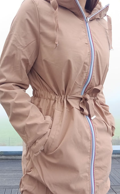 New Lolo - Manteau long CAMEL réversible, imperméable et complètement fourré resserrable à la taille