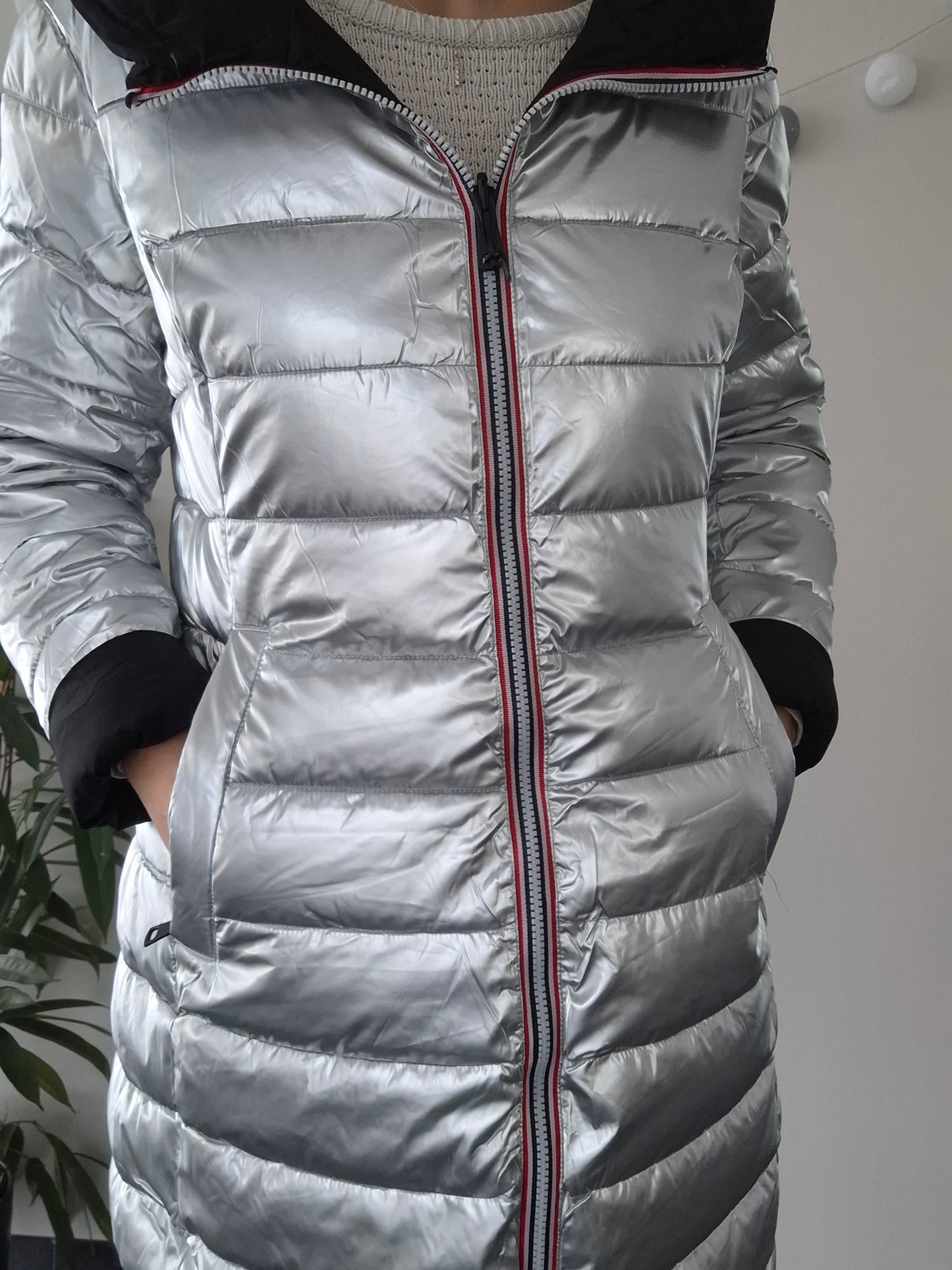 Doudoune manteau imperméable long noir réversible matelassé argenté