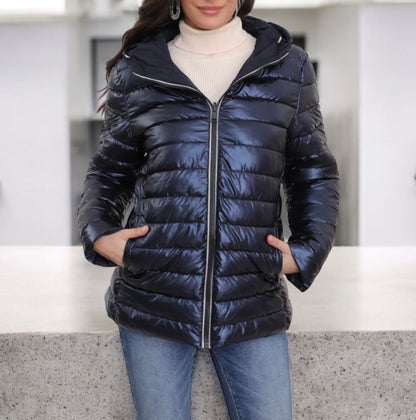 Melya Melody - Manteau court bleu marine réversible et imperméable matelassé bleu marine brillant
