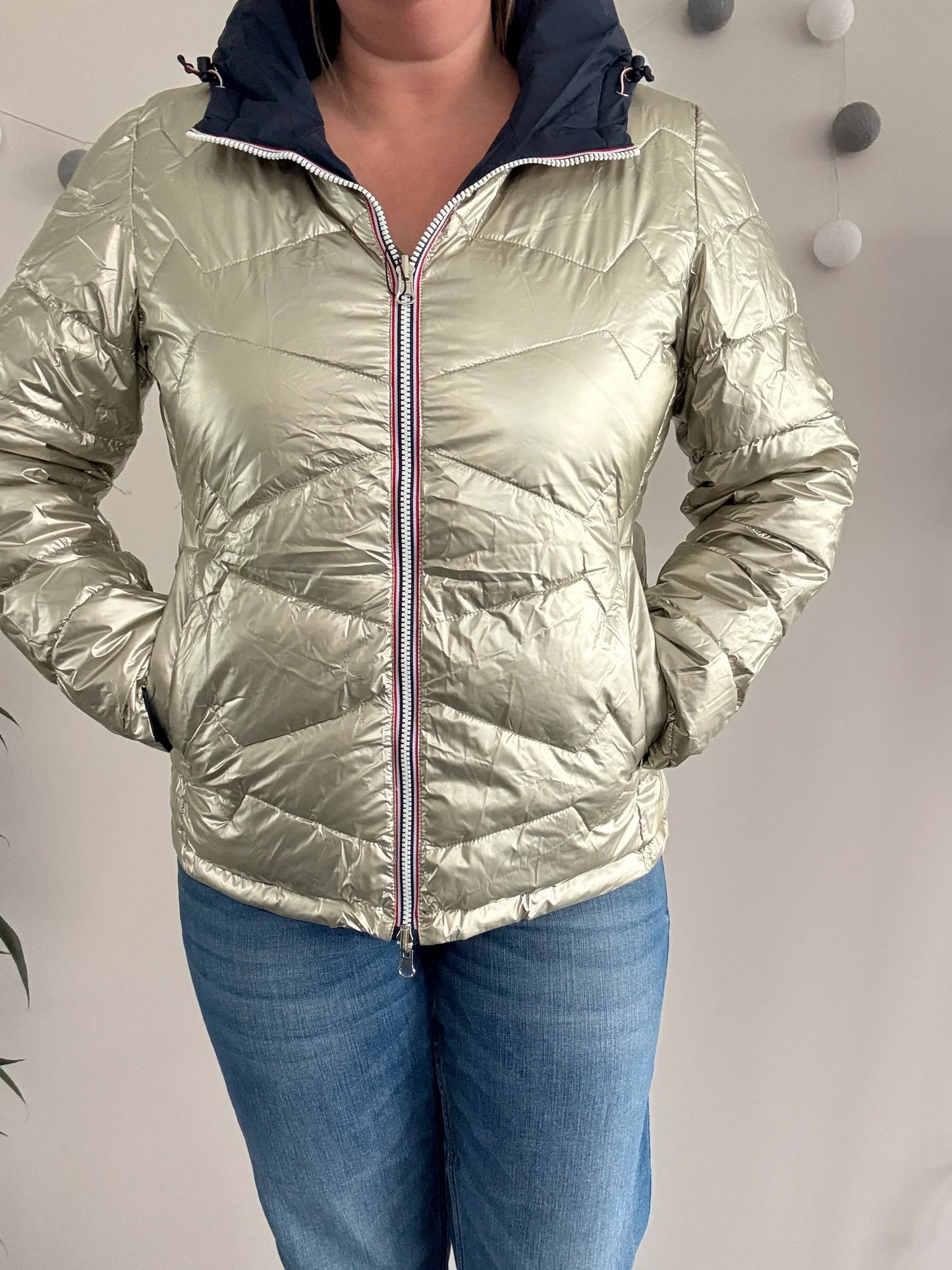 Laura Jo - Manteau doudoune courte matelassé réversible imperméable bleu marine doré avec capuche