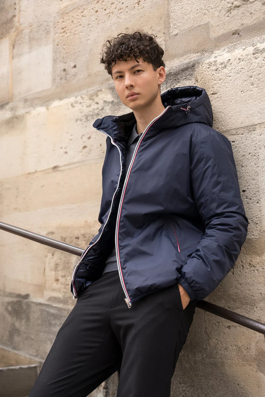 Nouveautés - Laura Jo - Doudoune HOMME courte imperméable et réversible matelassé bleu marine