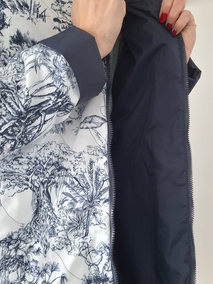 Laura Jo - Imperméable bleu marine réversible motif jungle long mi-saison garnissage ouate